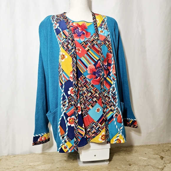 🛑 Vintage Koos of Course! 2-Piece Womens Turquoise Cardigan & Silk Shell Top L - Picture 3 of 10